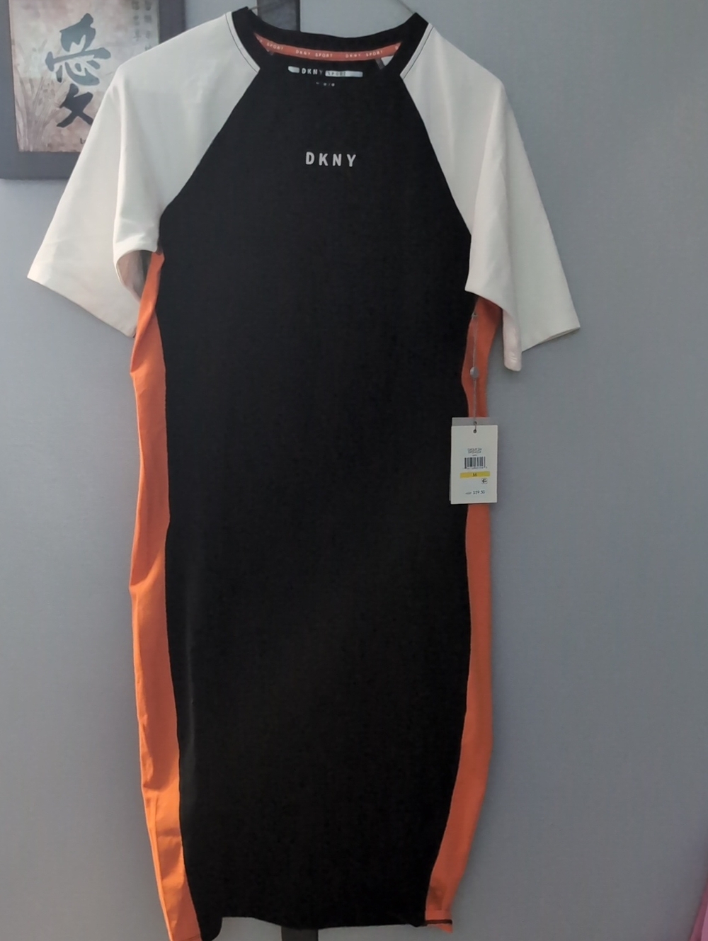DKNY Black Dress with White Raglan Sleeves and Orange Side Panels